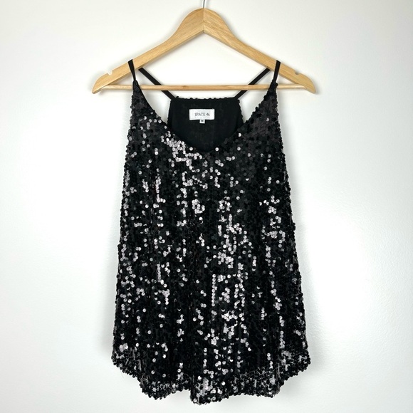 Space 46 Womens Sequin Tank Top Medium Black Evening Trapeze Racerback Sparkly - Picture 1 of 11